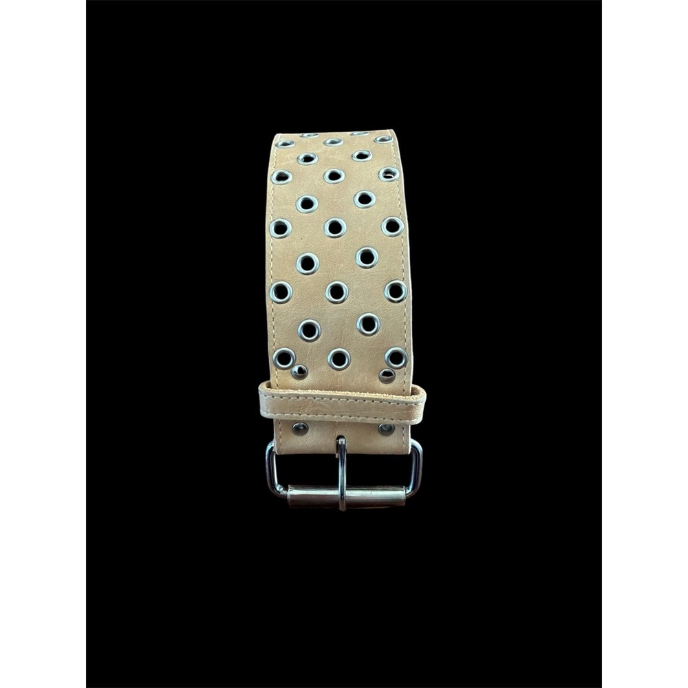 Leather Grommet Belt Womens Sz M, 39 in. Tan, Silver Toned Rings/Buckle Boho 80s